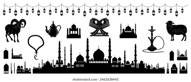 Arabic elements for Islamic holidays Ramadan, Eid Al-Adha, Eid Mubarak. Eastern black silhouette of Arabic city, mosque, Koran, crescent, star, hookah, rosary, lantern garland. Vector illustration.