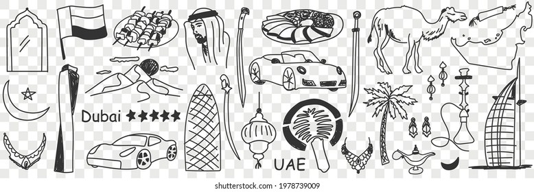 Arabic emirates symbols doodle set. Collection of hand drawn various united arabic emirates tourism signs traditional culture and trips in rows isolated on transparent background 