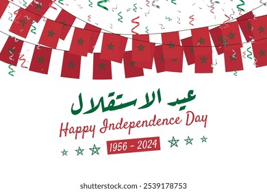 Dia da Independência do Marrocos Árabe e Inglês com Banner confete. 1956 - Projeto de celebração do Dia da Independência do Marrocos de 2024. Ilustração de vetor. Tradução: Feliz Dia da Independência.