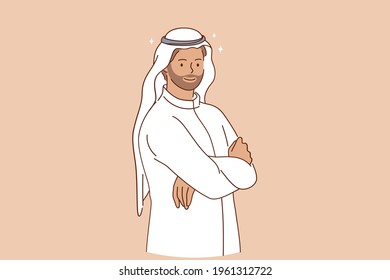 Arabic ethnicity and traditional wear concept. Portrait of smiling arabic man cartoon character with kandora standing with hands crossed looking at camera vector illustration 