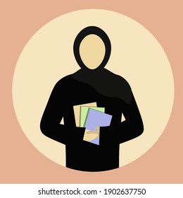 Arabic faceless model from UAE or Saudi Arabia, muslim woman or girl in fashion hijab and abaya holding books or journal. Educational process or training icon for arab people