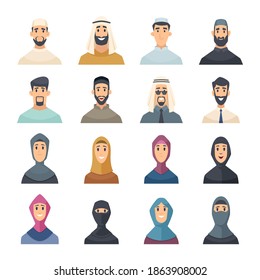 Arabic faces. Avatars muslim characters portraits of arabic male and female east people vector set