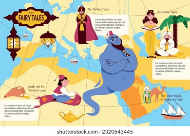 Arabic fairy tales flat infographics with perfidious vizier aladdin on magic carpet scheherazade genie cartoon characters vector illustration