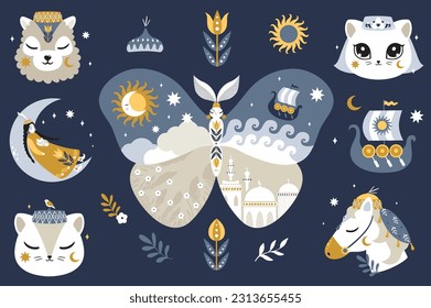 Arabic fairytale girl sleeping moon cat fairytale flower tulip ethno history tatar ornament muslim arabic night illustration grey beige white moon clouds water sea muslim ornament logo drawing decor