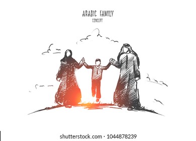 Arabic family concept. Hand drawn parents and child. Happy middle eastern family isolated vector illustration.