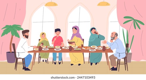 Arabic family dinner. Arab muslim people dining table eating food, islam iftar home gathering eid mubarak suhoor happy moslem ramadan celebration, saudi vector illustration of dinner family muslim