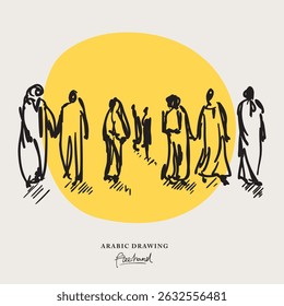 Arabic family freehand drawing, Sketch Hand drawn Drawing design.
