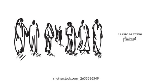 Arabic family freehand drawing, Sketch Hand drawn Drawing design.