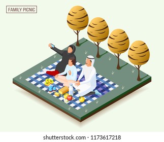 Arabic family having picnic and taking photos isometric composition 3d vector illustration