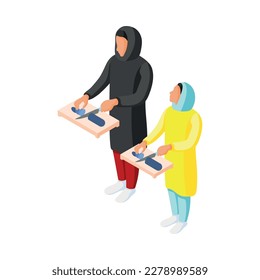 Arabic family icon with mum and daughter cooking together isometric 3d vector illustration