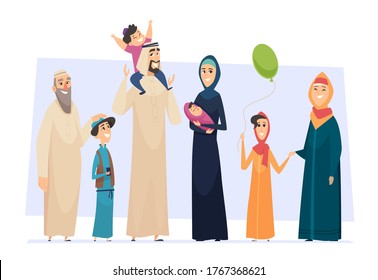 Arabic family. Male and female muslim happy persons father mother kids and elders seniors vector saudi people