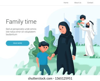 Arabic family playing with children in the park. Cartoon Vector illustration. Family day, celebration. 