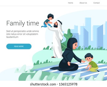 Arabic family playing with children in the park. Cartoon Vector illustration. Family day, celebration. 