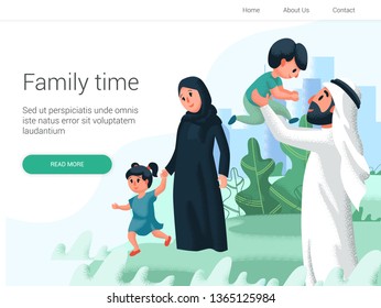 Arabic family playing with children in the park. Cartoon Vector illustration. Family day, celebration.