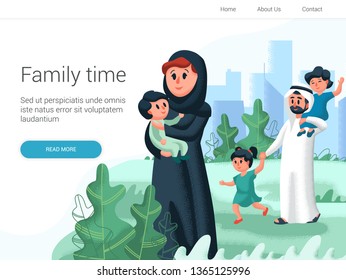 Arabic family playing with their children in the park. Cartoon Vector illustration. Family day, celebration. 