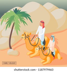 Arabic family riding camels in desert isometric background 3d vector illustration