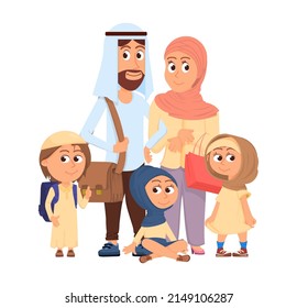 Arabic family. Saudi teenager, arabian father mother and children. Cartoon muslim characters, traditional boy girl man and woman together, decent vector scene