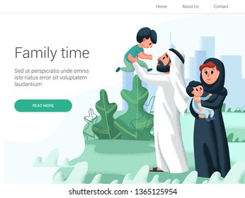 Arabic family spend time with their children in the park. Cartoon Vector illustration. Family day, celebration. Family time weekend 