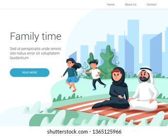 Arabic family spend time with their children in the park. Cartoon Vector illustration. Family day, celebration. Family time weekend 