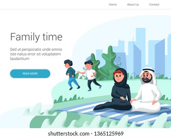 Arabic family spend time with their children in the park. Cartoon Vector illustration. Family day, celebration. Family time weekend 