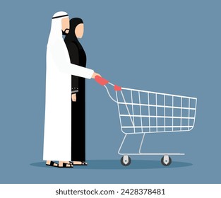 Arabic family walk and push a shopping cart