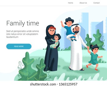 Arabic family walking with children in the park. Cartoon Vector illustration. Family day, celebration. Family time weekend 