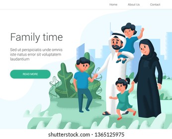 Arabic family walking with children in the park. Cartoon Vector illustration. Family day, celebration. Family time weekend 
