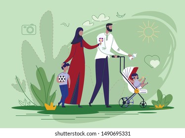 Arabic Family Walking with Children in Park Flat Cartoon Vector illustration. Family Day. Spending Time Together. Muslim Mother and Father Going with Baby Car or Pram and Son. Boy Holding Ball.