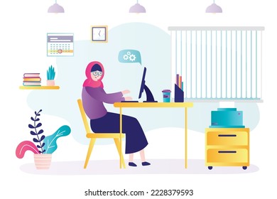 Arabic female employee at workplace. Muslim businesswoman working. Workspace, office room interior with furniture. Woman worker in traditional hijab work remotely. Flat vector illustration