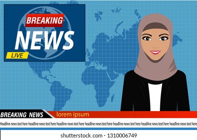 Arabic Female News Anchor On Tv Breaking News Background,flat Vector Illustration 