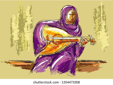 Arabic Female Oud Musician Illustated art