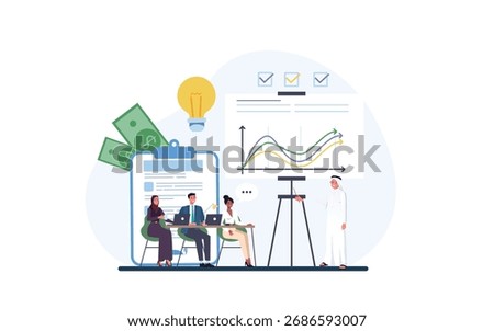 Arabic financial training, management and administration concept. Arabs, people engineering a plan. Statistic, calculating financial risk graph. Arabic characters vector illustration.