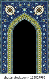 Arabic Floral Arch. Traditional Islamic Background. Mosque decoration element. Elegance Background with Text input area in a center.
