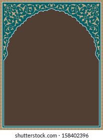 Arabic Floral Arch. Traditional Islamic Background. Mosque decoration element. Elegance Background with Text input area in a center. Ocher, green on  brown.