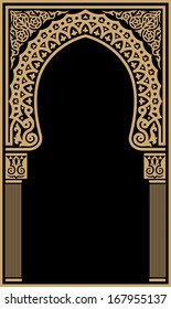 Arabic Floral Arch. Traditional Islamic Background. Mosque decoration element. Elegance Background with Text input area in a center. Ocher on black background