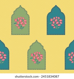 Arabic floral arch. Traditional islamic ornament. Mosque decoration design element. Design template for greeting card, banner, poster, print. Vector illustration