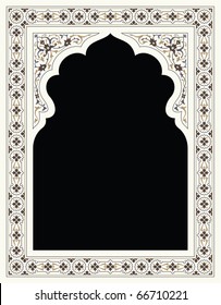 Arabic Floral Arch. Traditional Islamic Background. Mosque decoration element. Elegance Background with Text input area in a center.