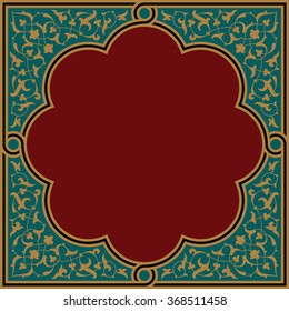 Arabic Floral Frame. Traditional Islamic background. Green, red, ocher colors.