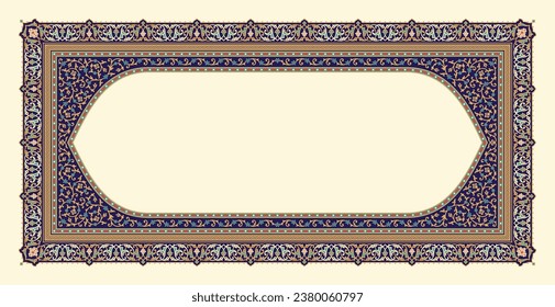 Arabischer Blumenrahmen für Ihr Design. Traditionelles islamisches Design. Eleganter Hintergrund mit Texteingabebereich in einer Mitte. Geeignet für Grußkarten, Poster, Einladung und Banner