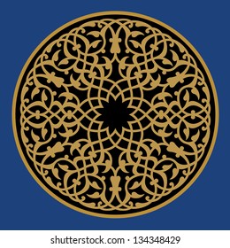 Arabic Floral Ornament. Traditional Islamic Design. Mosque decoration element ocher, black on blue