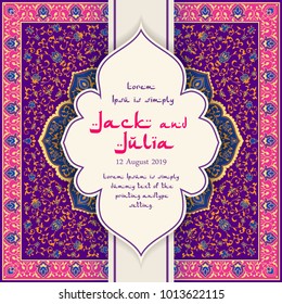 Arabisches Blumenmuster im viktorianischen Stil. Ornamental für Card für Cafe, Restaurant, Shop, Druck, Banner, Hochzeitseinladung, Buchumschlag, Zertifikat. Speichern Sie das Datum. Indien, arabischer Dubai, türkischer Islam