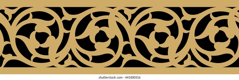 Arabic Floral Seamless Border. Traditional Islamic Design. Ocher on Black. Mosque decoration element.