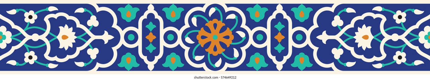 Arabic Floral Seamless Border. Traditional Islamic Design. Mosque Decoration Element.