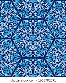 Arabic floral seamless pattern. Traditional arabic islamic background. Mosque decoration element. Vector illustration in blue colors.