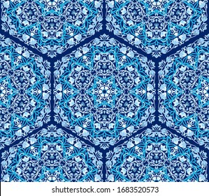 Arabic floral seamless pattern. Traditional arabic islamic background. Mosque decoration element. Vector illustration in blue colors.