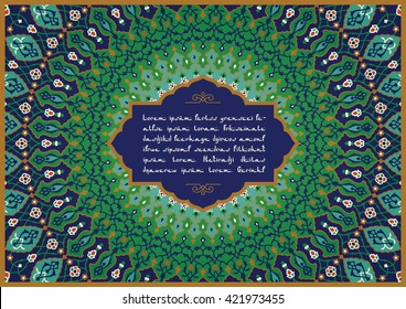 Arabic Floral Template With Text Input. Traditional Islamic Design Background. Blue, green colors.