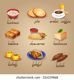 Arabic food cartoon icons set with shawarma baklava and coffee isolated vector illustration 