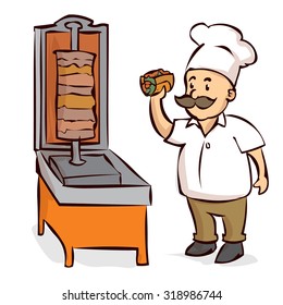 Arabic Food Chef, Shawarma, Doner, Kebab. Hand drawn cartoon vector illustration.