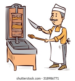 Arabic Food Chef, Shawarma, Doner, Kebab. Hand drawn cartoon vector illustration.