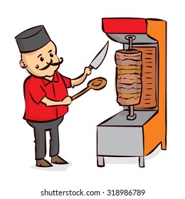 Arabic Food Chef, Shawarma, Doner, Kebab. Hand drawn cartoon vector illustration.